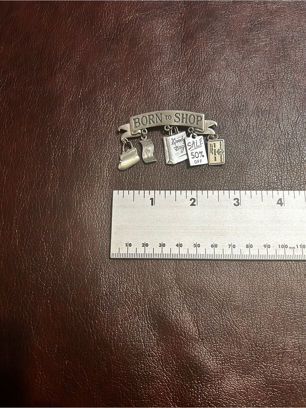Vintage JJ Jonette Jewelry Born to Shop Silver-Tone Charm Pin